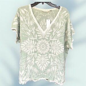 NWT urban boho embroidered Sayali blouse sage earthy green short sleeve top